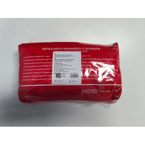 DIN 13164 first aid kit soft bag back label with UDI DataMatrix, lot number, hourglass expiry symbol, and importer details