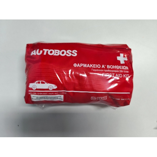 DIN 13164 first aid kit soft bag front label showing DIN CERTCO mark and ISO 13485 stamp