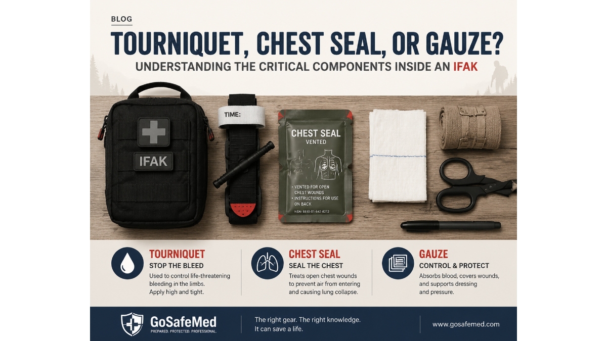 Critical IFAK components including tourniquet, chest seal, compressed gauze, and airway tools for trauma kit buyers